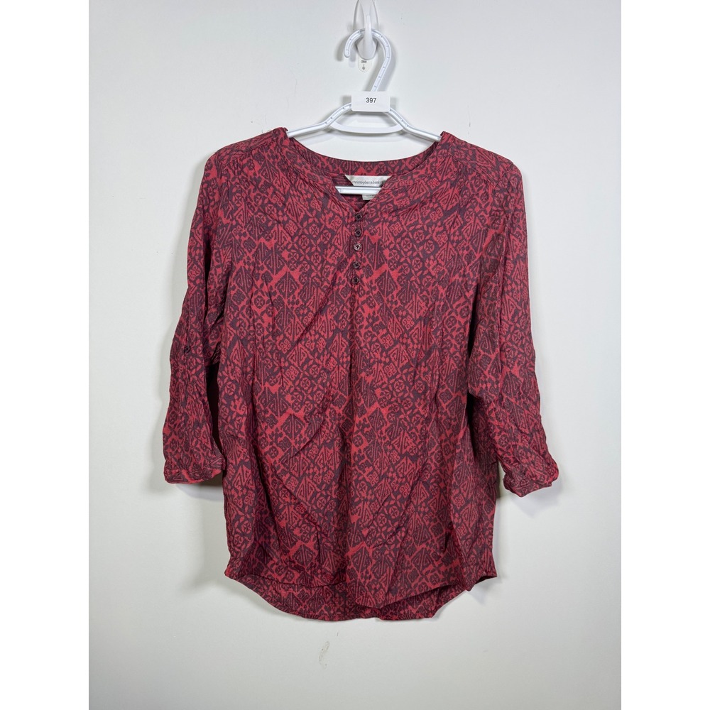 Christopher & Banks Red Purple Geometric Tribal Henley 3/4 Sleeve Blouse Small